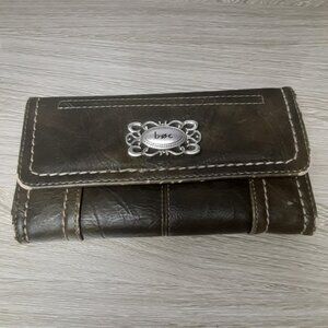BOC Wallet Faux Leather olive green White Stitch Trim Silver Metal Logo Accent